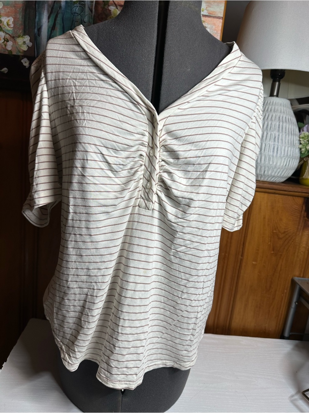 Cream Striped Short-Sleeve V-Neck Ruched Front Top